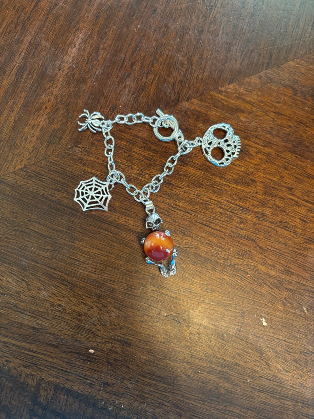 Silver Halloween Charm Bracelet with Orange Agate Orb